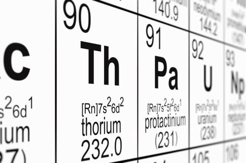 Detail of a partially blurred periodic table of the elements. Focus on thorium.