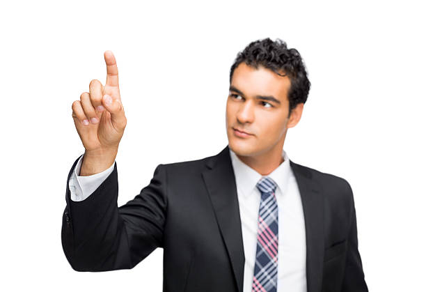 istock Young latin business man touching screen 465428667