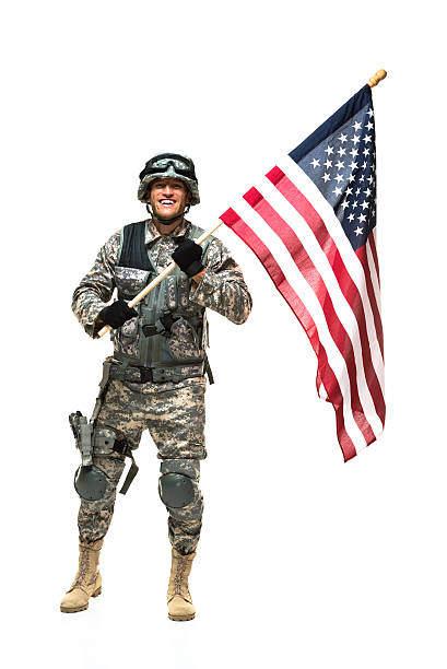 istock Smiling army holding an American flag 465431841