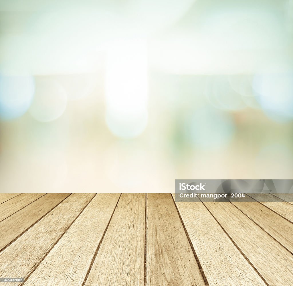 Perspective wood and blurred store with bokeh background Perspective wood and blurred store with bokeh background, product display template 2015 Stock Photo