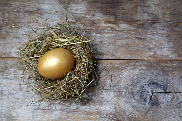 istock Easter decorations. Eggs in nests on wooden background 465432568