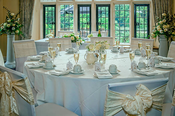 wedding reception room decorated for guests
