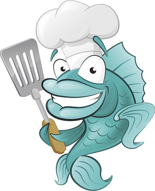 ilustrações de stock, clip art, desenhos animados e ícones de engraçado chef com espátula de peixe. - fish seafood prepared fish nautical vessel