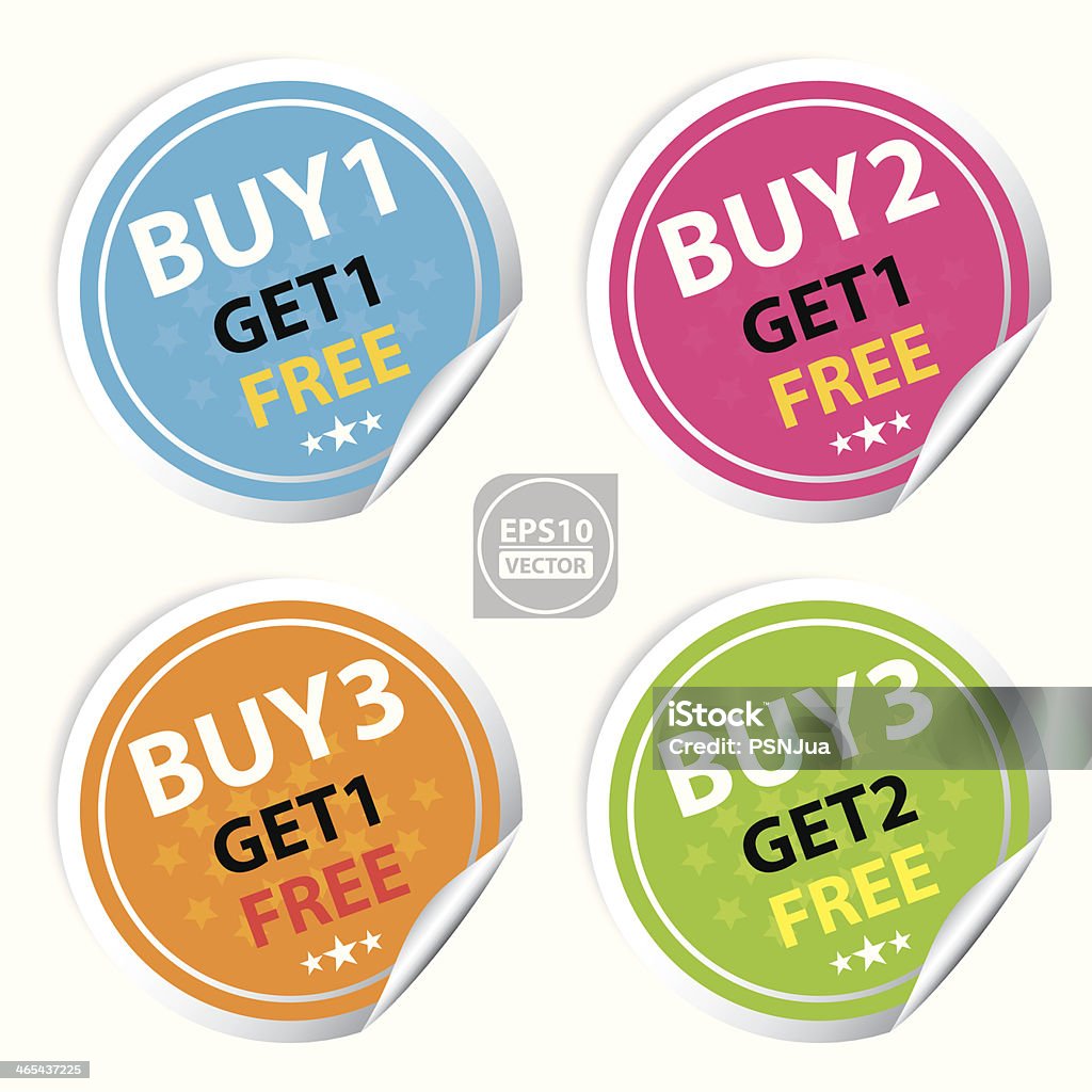 Sticker For Marketing Campaign and business. Sticker or Label For Marketing Campaign, Buy 1 Get 1 Free, Buy 2 Get 1 Free, Buy 3 Get 1 Free and Buy 3 Get 2 Free With Colorful Icon. Buy - Single Word stock vector