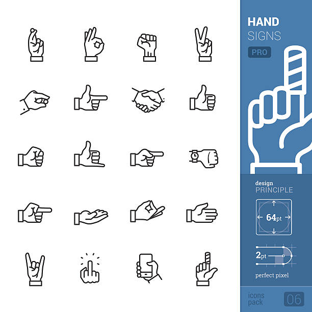 Hand signs vector icons - PRO pack 20 vector and perfect pixel "stroke style" icons set representing an Hand signs and Gesturing theme. fingers crossed illustrations stock illustrations