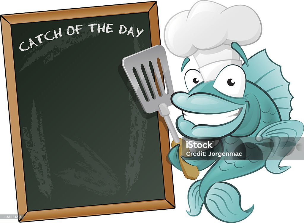 Cute Chef Fish with Spatula and Menu Board. EPS10 File. Transparencies are used in this Great illustration of a Cute Cartoon Cod Fish Chef holding a Frying Spatula next to Menu Board. Fish stock vector