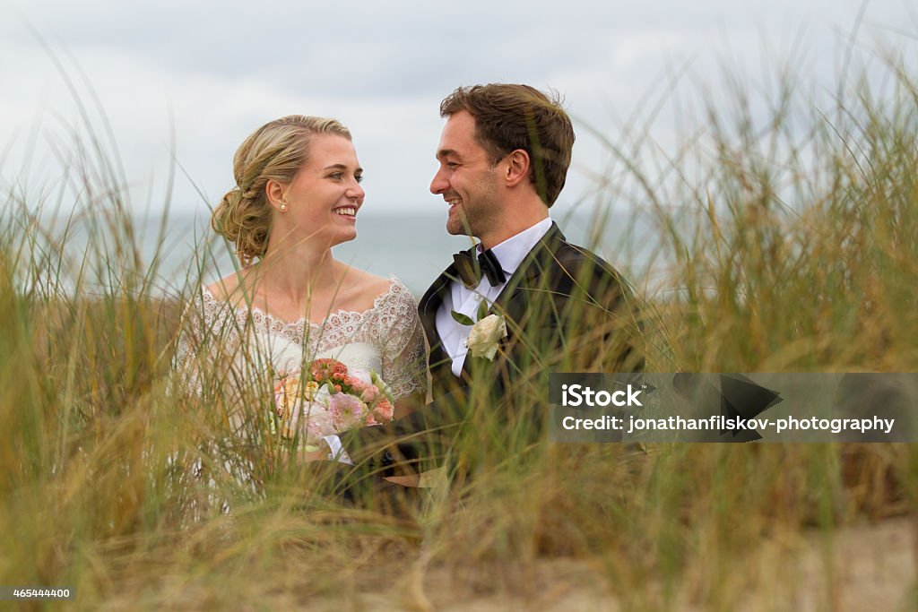 Oceanside romance Just married: Wedding picture of young, beautiful couple sitting in sand dunes, Denmark 2015 Stock Photo