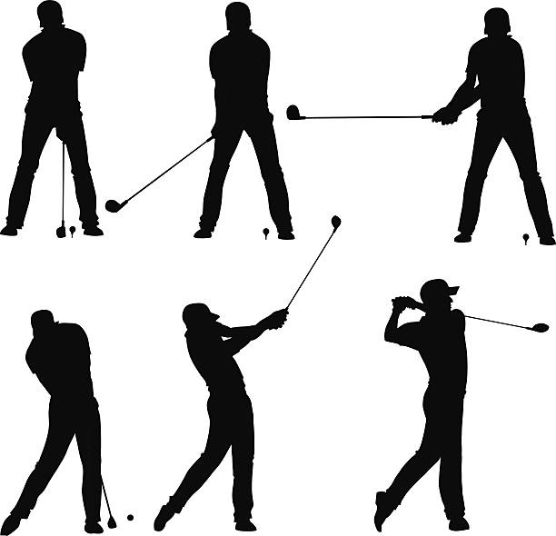 Golf Player Teeing Off - Silhouettes Set All images are placed on separate layers. They can be removed or altered if you need to. Some gradients were used. No transparencies.  golf silhouettes stock illustrations