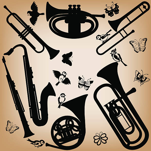 wiosna muzyki - trombone musical instrument wind instrument brass band stock illustrations