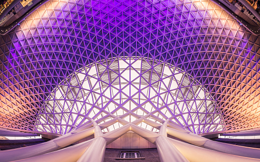Ceiling architecture of London Kings Cross railway station concourse, UK