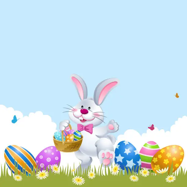 Vector illustration of Easter Rabbit Palying Easter Egg Hunt