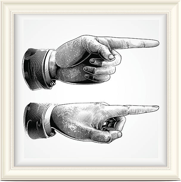 Hand with pointing finger pointing finger, engraving style. aiming illustrations stock illustrations