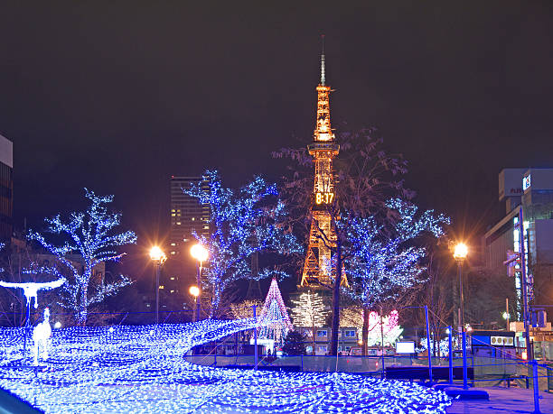 istock Illuminated Sapporo Tv tower and central park in the new year night 465445794