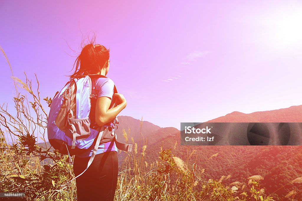 hiking woman stand mountain peak looking at the view back of hiking woman stand mountain peak looking at the view Active Lifestyle Stock Photo