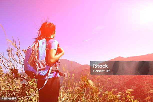 Hiking Woman Stand Mountain Peak Looking At The View Stock Photo - Download Image Now