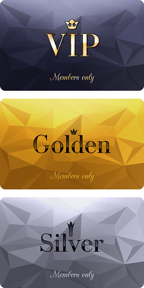 VIP cards with abstract mosaic background. Different cards categories - VIP, golden, silver. Members only design.