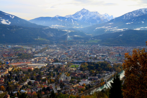Panorama of Brenner pass and Innsbruck from above, capital of Tirol, Austria.