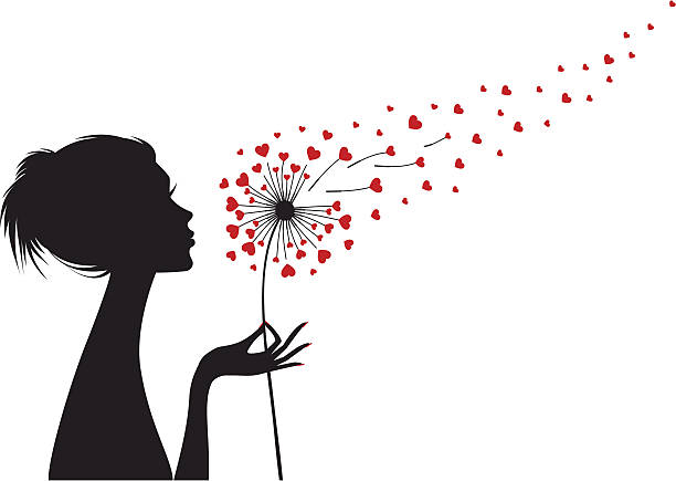 frau mit herz löwenzahn, vektor - dandelion freedom silhouette wind stock-grafiken, -clipart, -cartoons und -symbole