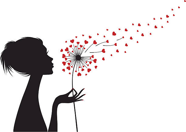 illustrations, cliparts, dessins animés et icônes de femme avec coeur de pissenlit, illustration - dandelion freedom silhouette wind