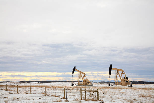 istock Two Golden Pump Jacks Drilling On Winter Agricultural Land 465450885