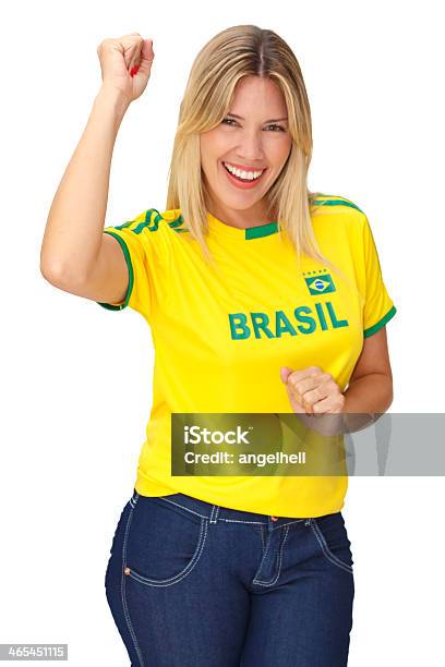 Bella Giovani Tifosi Del Brasile - Fotografie stock e altre immagini di Brasile - Brasile, Evento di calcio internazionale, Sfondo bianco