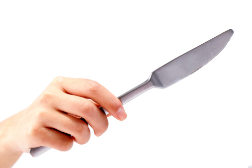 Close-up of hand holding butter knife over white background.