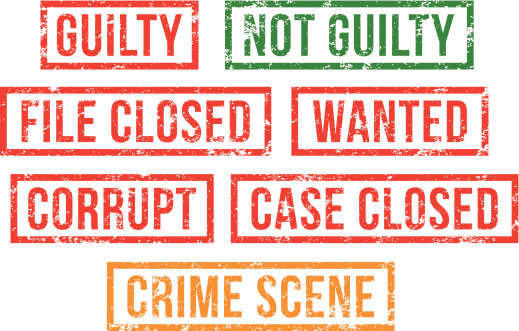 Guilty, crime scene -  rubber stamps.