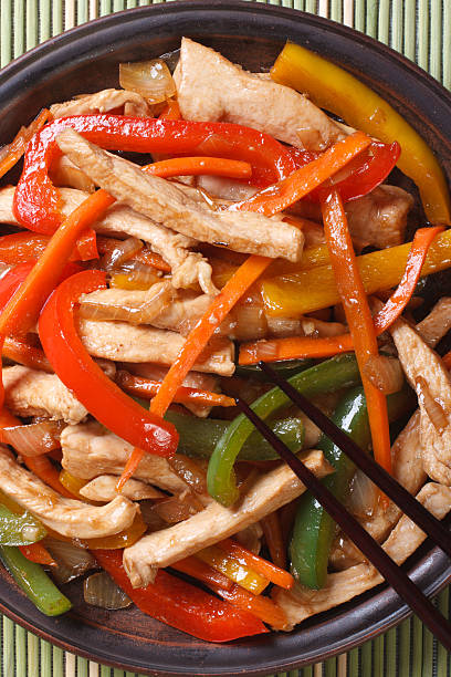istock chicken with vegetables macro and chopsticks. vertical top view 465455438