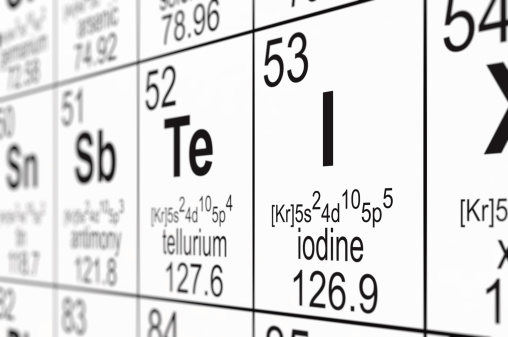 Detail of a partially blurred periodic table of the elements. Focus on iodine.