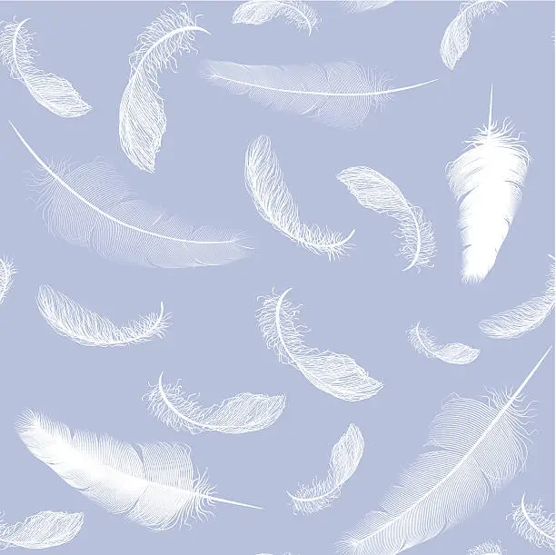 Vector illustration of Falling white feathers against a lilac backdrop