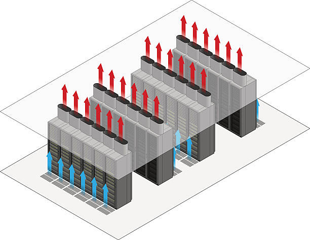 ilustraciones, imágenes clip art, dibujos animados e iconos de stock de datacentre caliente-frío pasillo diseño - network server computer tower rack