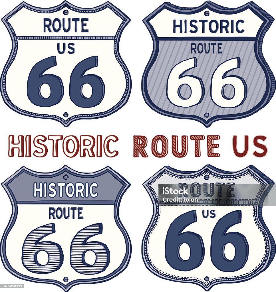 route 66 road signs Line art route 66 road signs. Individual elements and textures. Layered file with global colors. Grouped elements for easy editing. Hi-res JPG and CS3 AI file.  http://i161.photobucket.com/albums/t234/lolon5/roadsigns.jpg  Route 66 stock vector