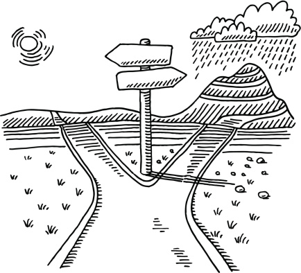 Hand-drawn vector drawing of a Path Branch with a Direction Sign. Choice Concept for either the easy way or the difficult way. Black-and-White sketch on a transparent background (.eps-file). Included files are EPS (v10) and Hi-Res JPG.