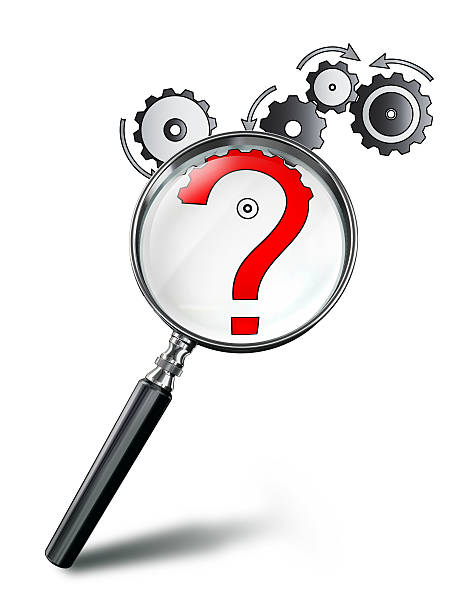 cog wheel concept with red question mark and magnifying glass stock photo