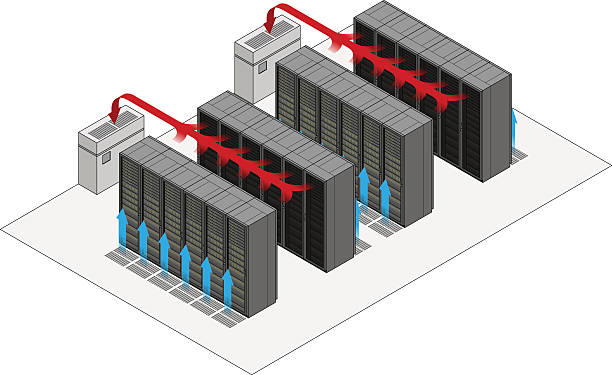 데이터센터 핫 콜드 통로쪽 레이아웃 - network server computer tower rack stock illustrations