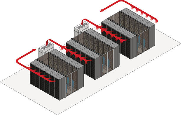 Datacentre Hot-Cold Aisle Layout Data center hot and cold aisle rack/cabinet configuration/layout. Arrows show flow of hot and cold air. Cold air enters from raised floor in contained aisles. Hot air drawn into air conditioners. computer tower stock illustrations