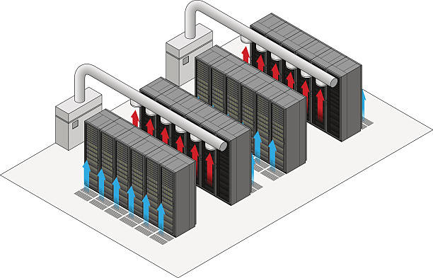 работающие с горячими и холодными блюдами проход между рядами компоновки - network server computer tower rack stock illustrations