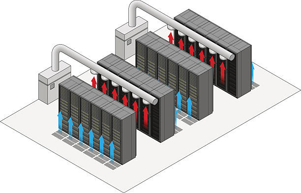 Datacentre Hot-Cold Aisle Layout Data center hot and cold aisle rack/cabinet configuration/layout. Arrows show flow of hot and cold air.Cold air enters from raised floor. Hot air vents into overhead ducts. computer tower stock illustrations