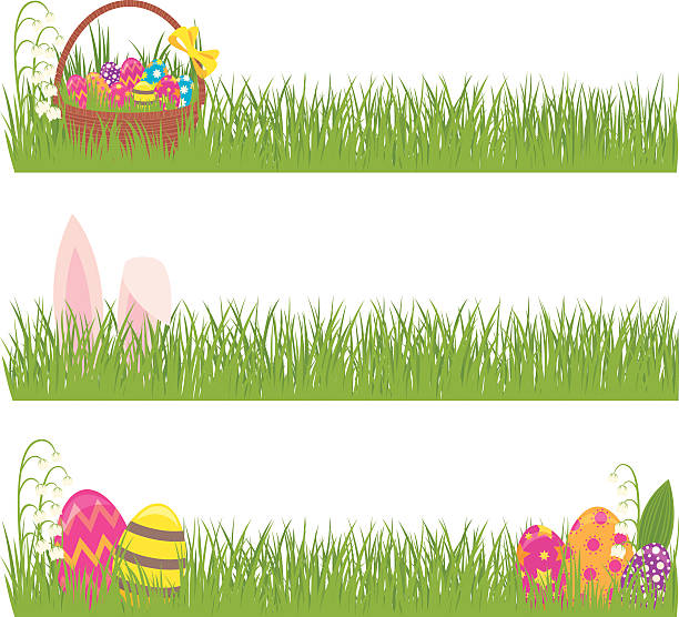 ilustraciones, imágenes clip art, dibujos animados e iconos de stock de conjunto de banners de pascua hierba y huevos de pascuas - easter egg isolated remote frame