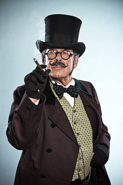 istock Vintage dickens style man with mustache and hat. Smoking cigar. 465464139