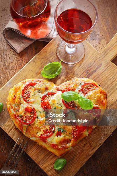 Heart Shaped Pizza With Red Wine Stock Photo - Download Image Now - Heart Shape, Pasta, Pizza