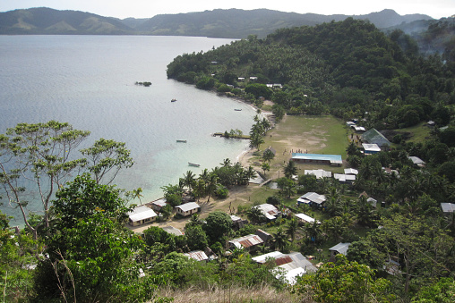 Salia, Kioa Island, Fiji - December 29, 2009: View of Salia village from the top of mount on the island of Kioa.