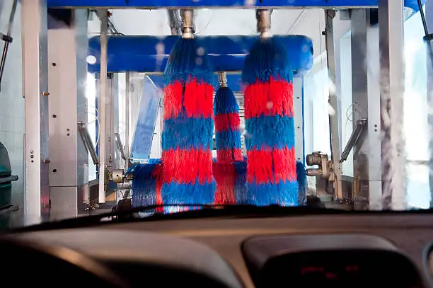 View of automatic car wash from inside a car