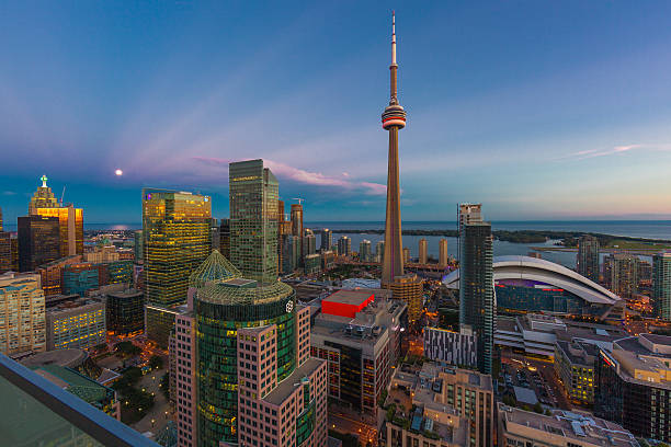 CN Tower, Toronto Cityscape on Lake Ontario Toronto Cityscape with CN Tower and view of Lake Ontario canada stock pictures, royalty-free photos & images