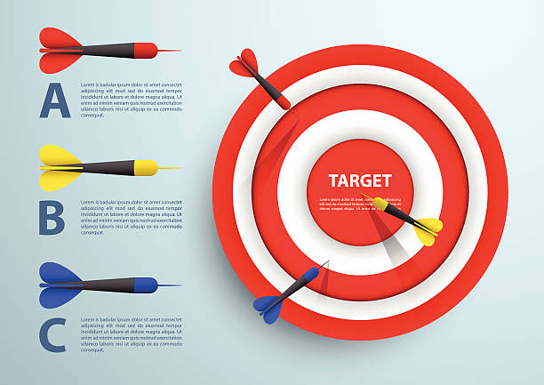 ilustraciones, imágenes clip art, dibujos animados e iconos de stock de dart y objetivo, infografía plantilla de concepto de negocios - target aspirations failure arrow