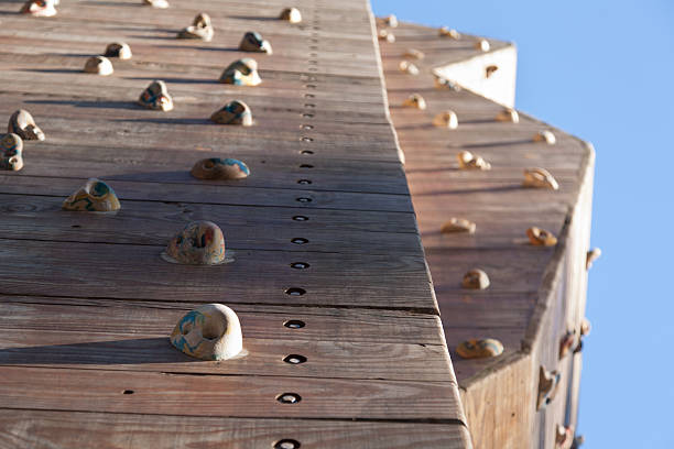 Looking up at a Wooden Climbing Wall with Climbing Hand Holds