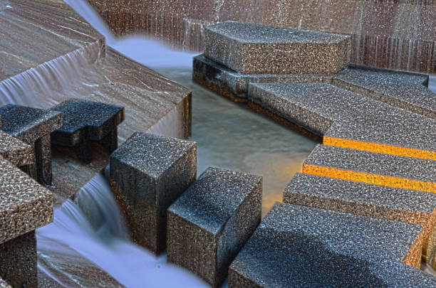 Water cascading over concrete steps