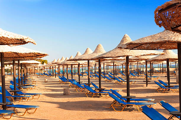 istock Wattled straw umbrellas on sunny summer beach. Egypt. Sharm-el-sheikh. 465473152