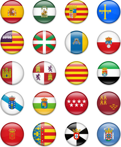 스페인 자율 디브리프 버튼을 플랙 컬레션 - murcia stock illustrations