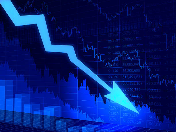 financial crisis anzuzeigen. 3d abstrakt diagramm mit pfeil - einstürzen stock-fotos und bilder